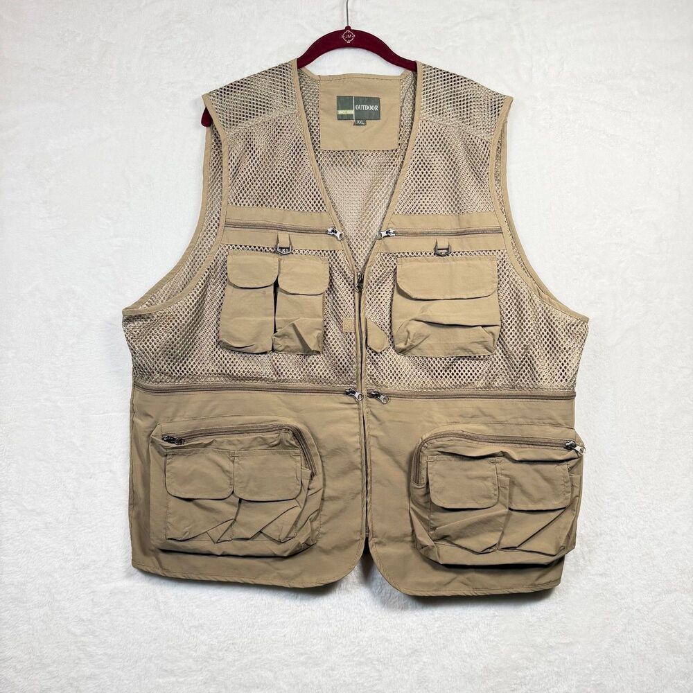 Outdoor XXL Khaki Mesh Fishing Vest Multi Pocket Utility Hiking Photography Zip